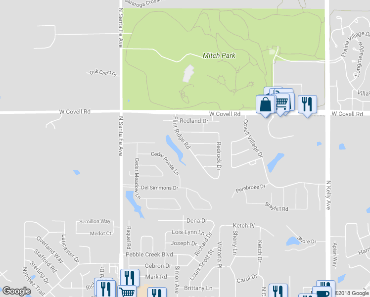 map of restaurants, bars, coffee shops, grocery stores, and more near 2425 Flint Ridge Road in Edmond