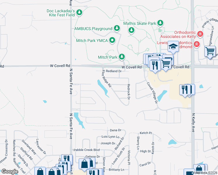 map of restaurants, bars, coffee shops, grocery stores, and more near 2417 Flint Ridge Road in Edmond