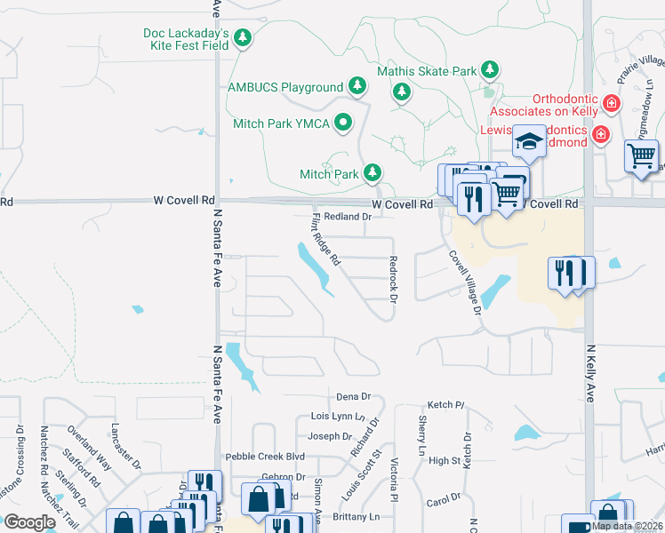 map of restaurants, bars, coffee shops, grocery stores, and more near 2417 Flint Ridge Road in Edmond