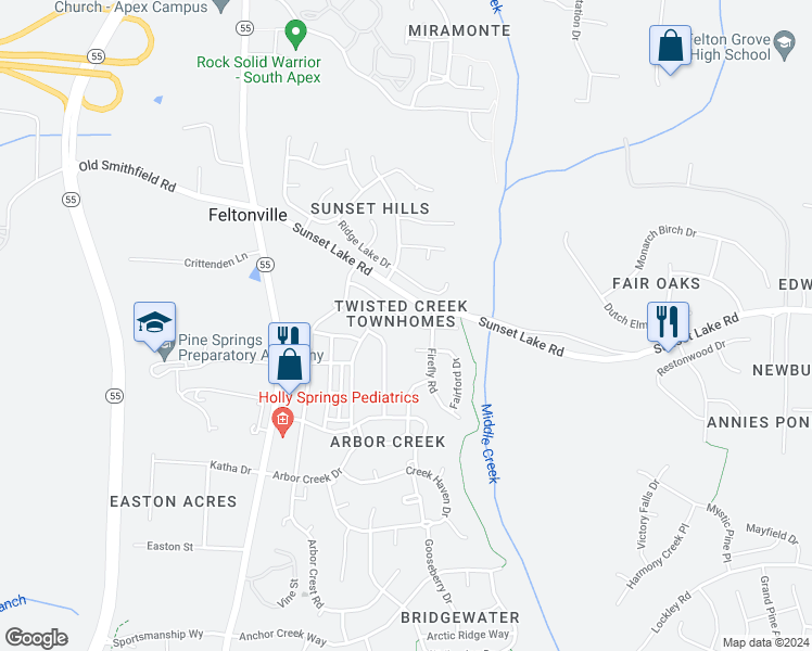 map of restaurants, bars, coffee shops, grocery stores, and more near 134 Florians Drive in Holly Springs