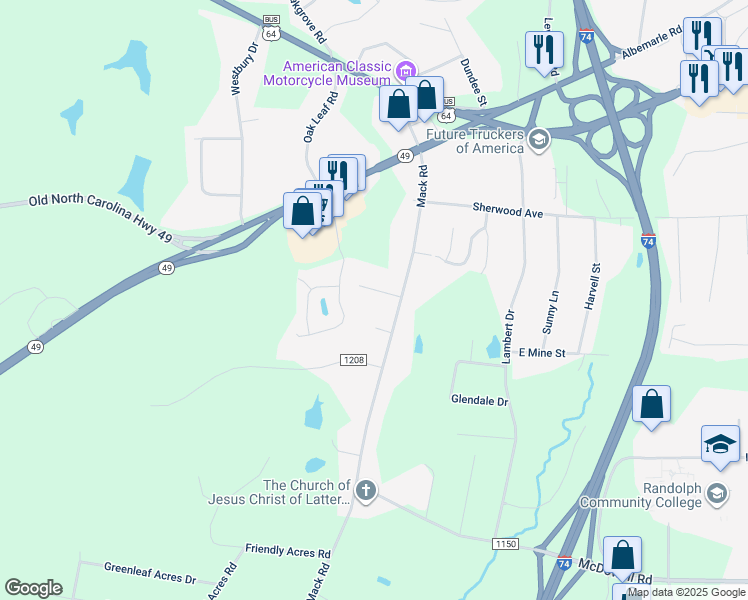 map of restaurants, bars, coffee shops, grocery stores, and more near 826 Charmin Drive in Asheboro