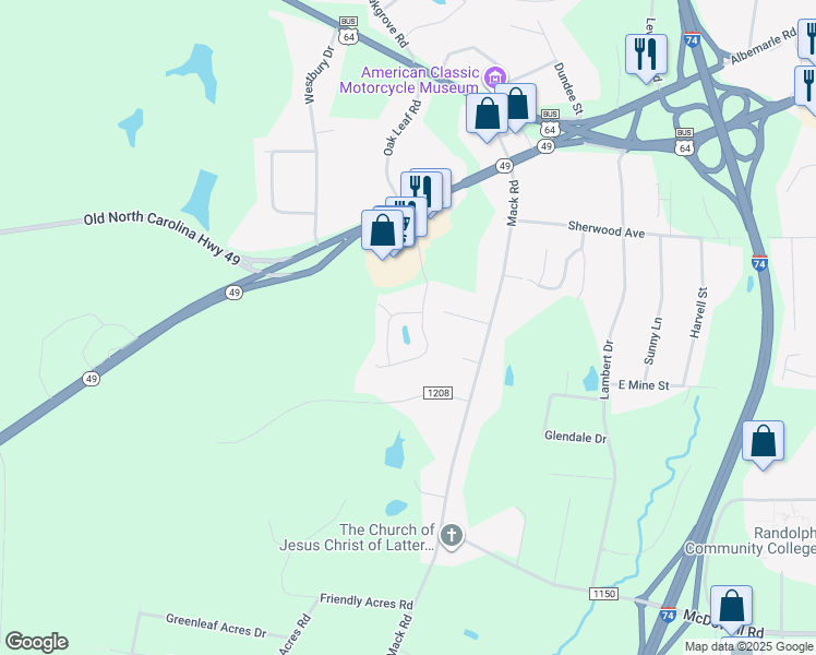 map of restaurants, bars, coffee shops, grocery stores, and more near 421 Oak Leaf Road in Asheboro