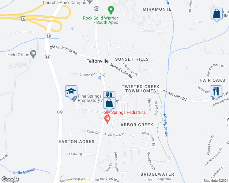 map of restaurants, bars, coffee shops, grocery stores, and more near 501 Commons Drive in Holly Springs