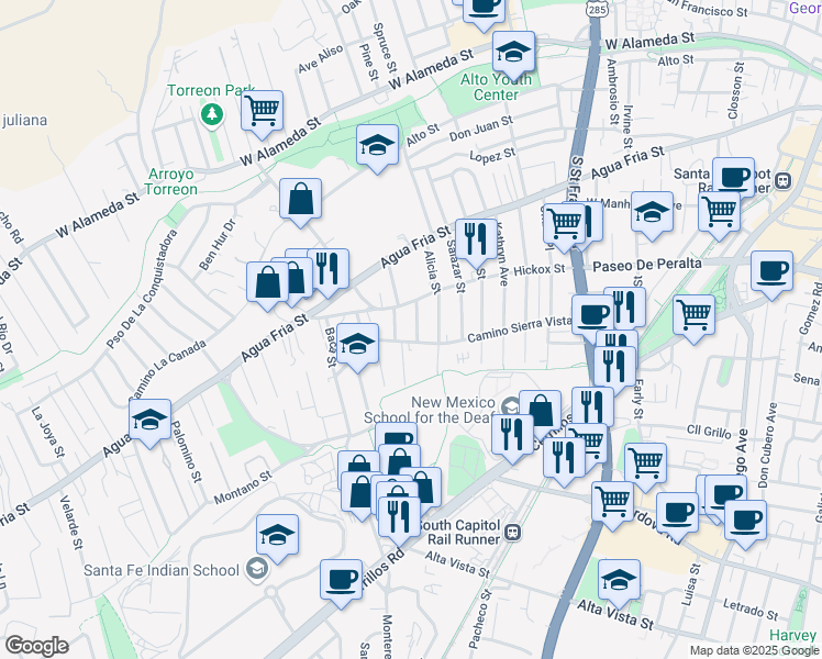 map of restaurants, bars, coffee shops, grocery stores, and more near 1330 Camino Sierra Vista in Santa Fe