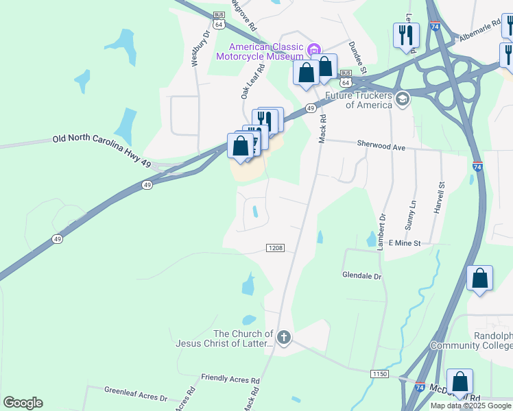 map of restaurants, bars, coffee shops, grocery stores, and more near 612 Oak Leaf Road in Asheboro