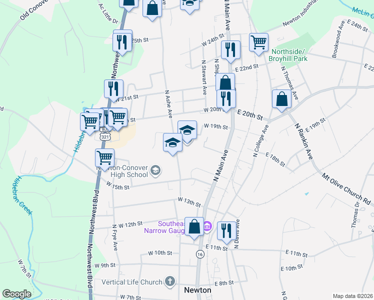 map of restaurants, bars, coffee shops, grocery stores, and more near 301 W 18th St in Newton
