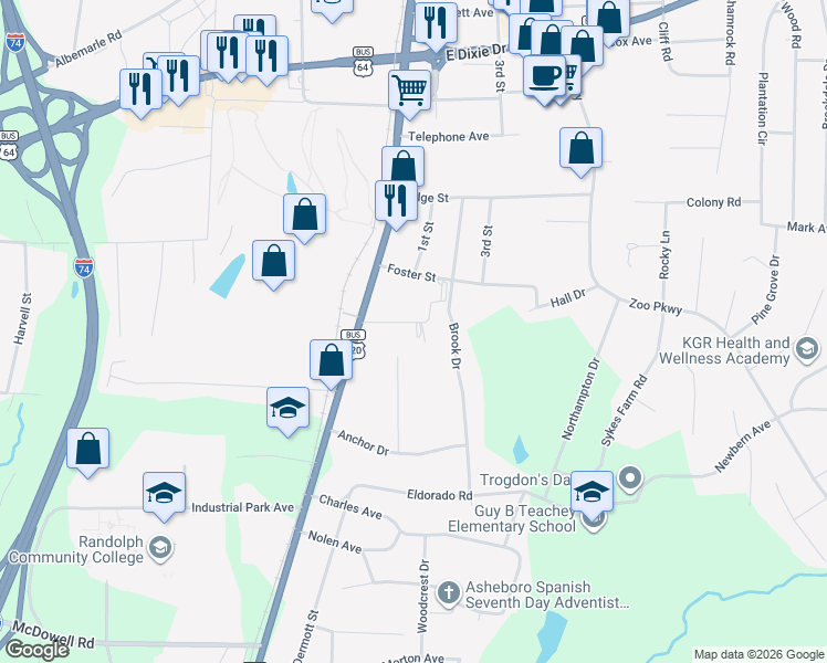 map of restaurants, bars, coffee shops, grocery stores, and more near 1 Steele Street in Asheboro