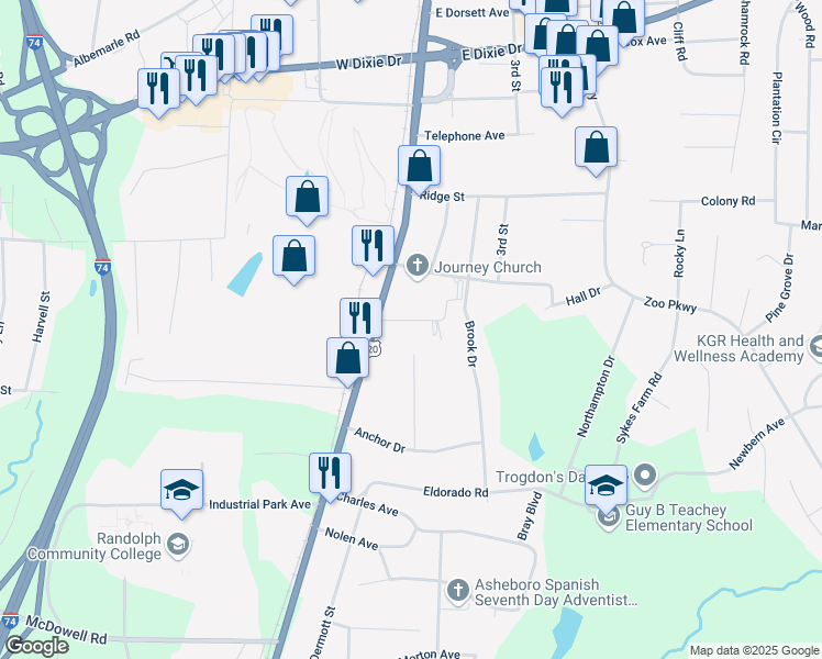 map of restaurants, bars, coffee shops, grocery stores, and more near 1 Steele Street in Asheboro