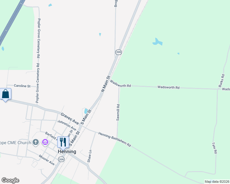 map of restaurants, bars, coffee shops, grocery stores, and more near 55 Sawmill Road in Henning