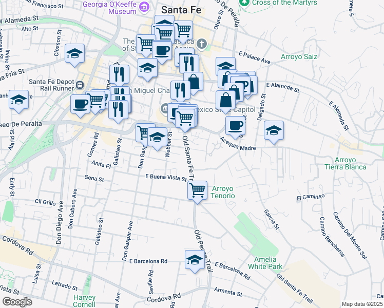 map of restaurants, bars, coffee shops, grocery stores, and more near 611 Old Santa Fe Trail in Santa Fe