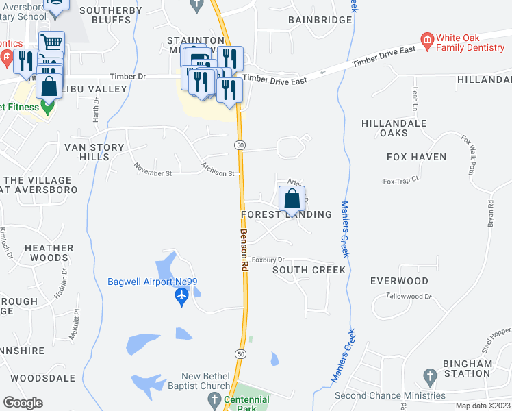 map of restaurants, bars, coffee shops, grocery stores, and more near 104 Winding Brook Drive in Garner
