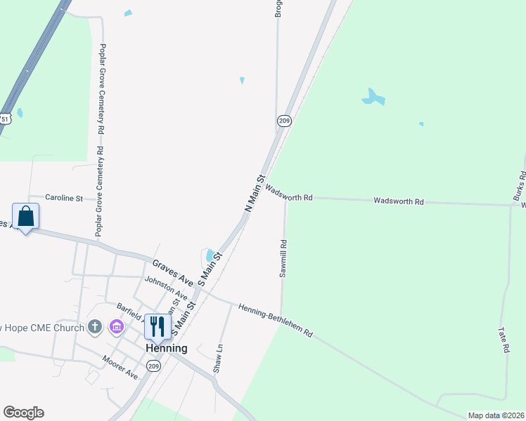 map of restaurants, bars, coffee shops, grocery stores, and more near 55 Sawmill Road in Henning
