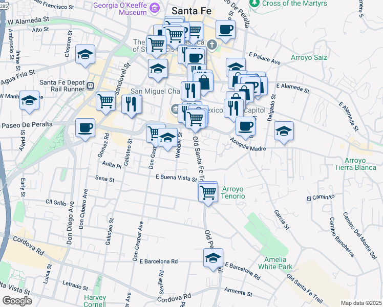 map of restaurants, bars, coffee shops, grocery stores, and more near 632 Old Santa Fe Trail in Santa Fe
