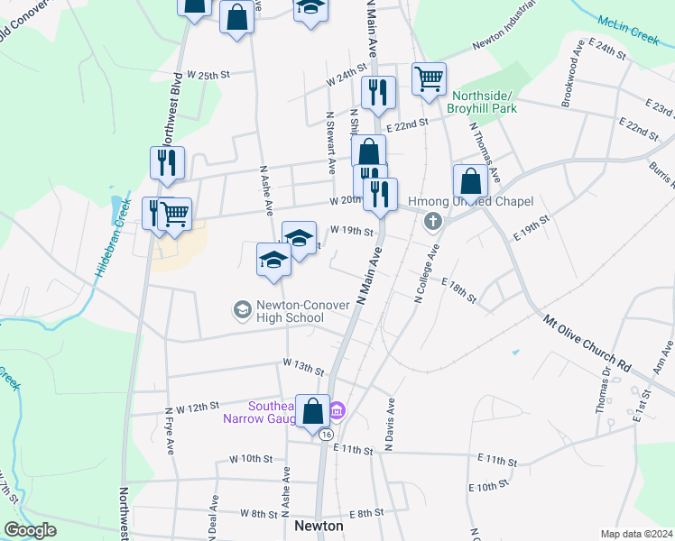 map of restaurants, bars, coffee shops, grocery stores, and more near 1620 North Main Avenue in Newton