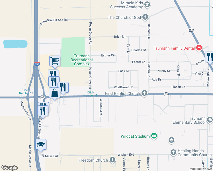 map of restaurants, bars, coffee shops, grocery stores, and more near 601 Larkspur Lane in Trumann