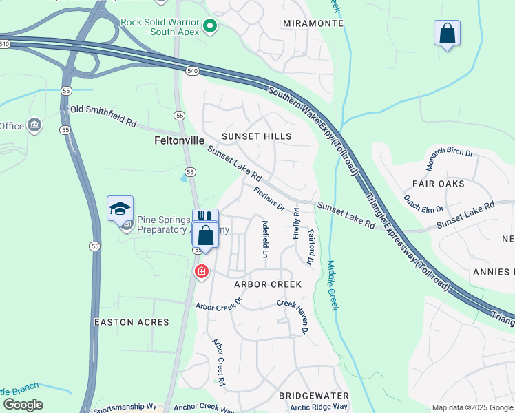 map of restaurants, bars, coffee shops, grocery stores, and more near 304 Fountain Springs Road in Holly Springs