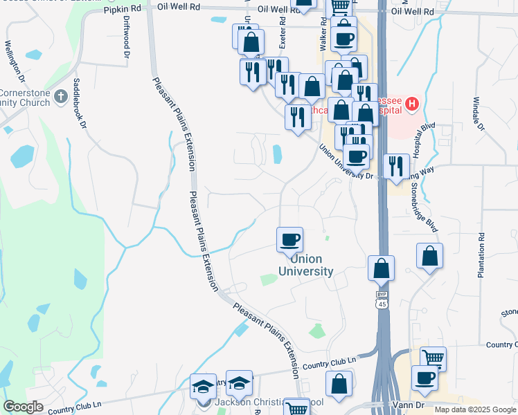 map of restaurants, bars, coffee shops, grocery stores, and more near 1050 Union University Drive in Jackson