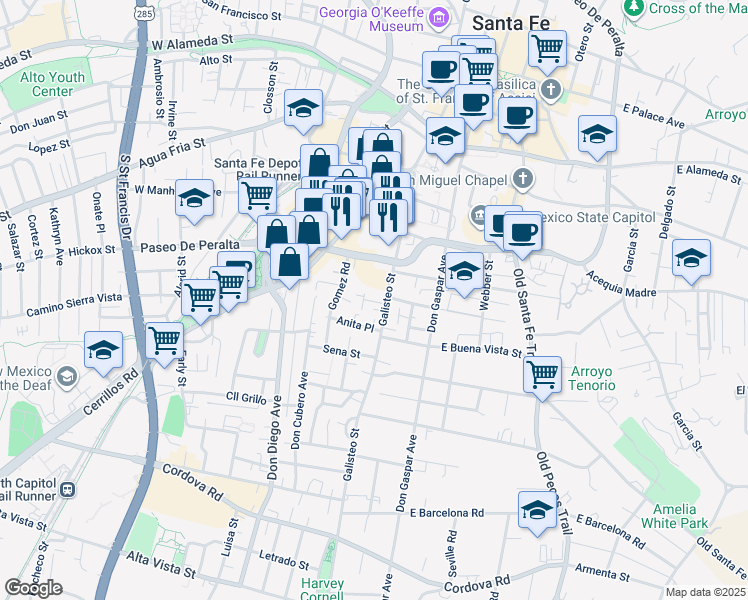 map of restaurants, bars, coffee shops, grocery stores, and more near in Santa Fe