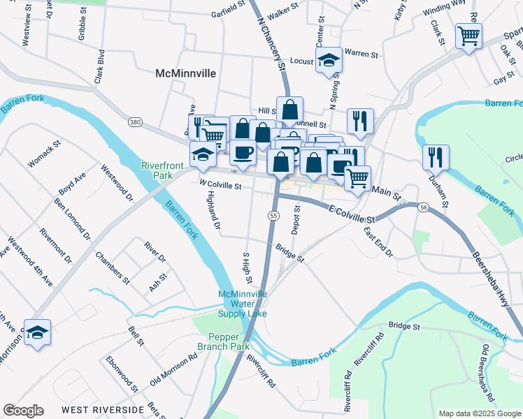 map of restaurants, bars, coffee shops, grocery stores, and more near 204 South High Street in McMinnville
