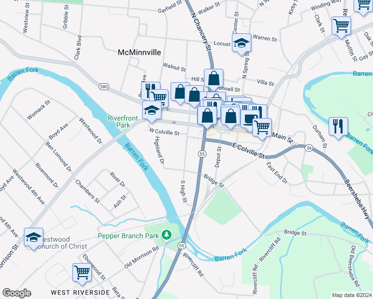 map of restaurants, bars, coffee shops, grocery stores, and more near 204 South High Street in McMinnville
