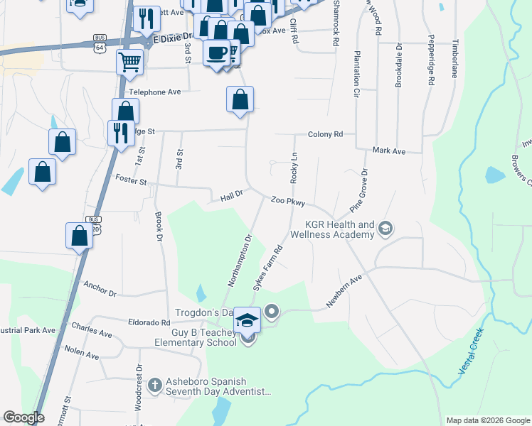 map of restaurants, bars, coffee shops, grocery stores, and more near 1829 North Carolina 159 in Asheboro