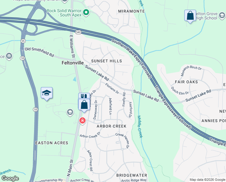 map of restaurants, bars, coffee shops, grocery stores, and more near 114 Sunset Lake Road in Holly Springs