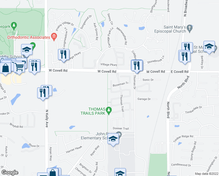 map of restaurants, bars, coffee shops, grocery stores, and more near 2425 Lolo Trail in Edmond