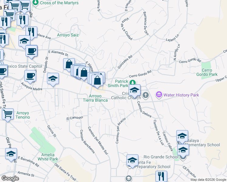 map of restaurants, bars, coffee shops, grocery stores, and more near 927 Canyon Road in Santa Fe