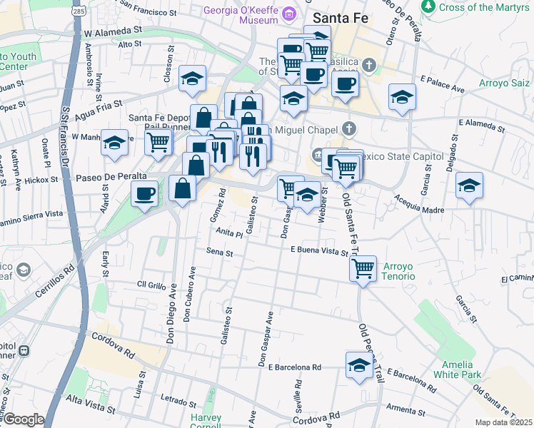 map of restaurants, bars, coffee shops, grocery stores, and more near 125 West Booth Street in Santa Fe