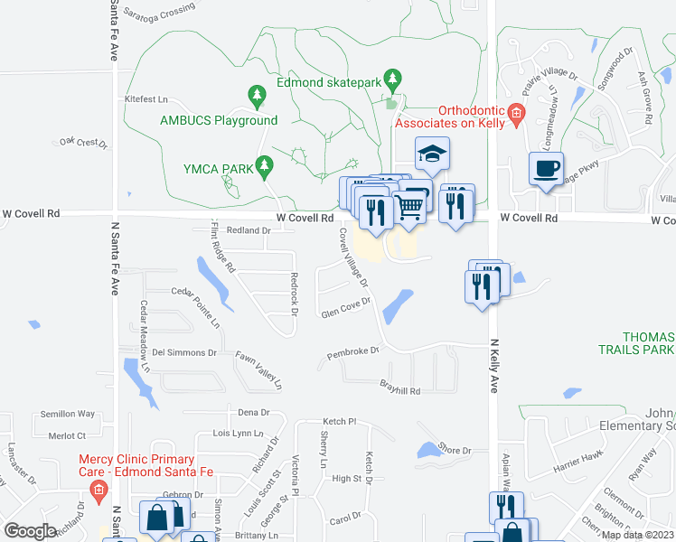 map of restaurants, bars, coffee shops, grocery stores, and more near 1424 Glenolde Place in Edmond