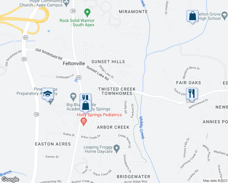 map of restaurants, bars, coffee shops, grocery stores, and more near 126 Florians Drive in Holly Springs