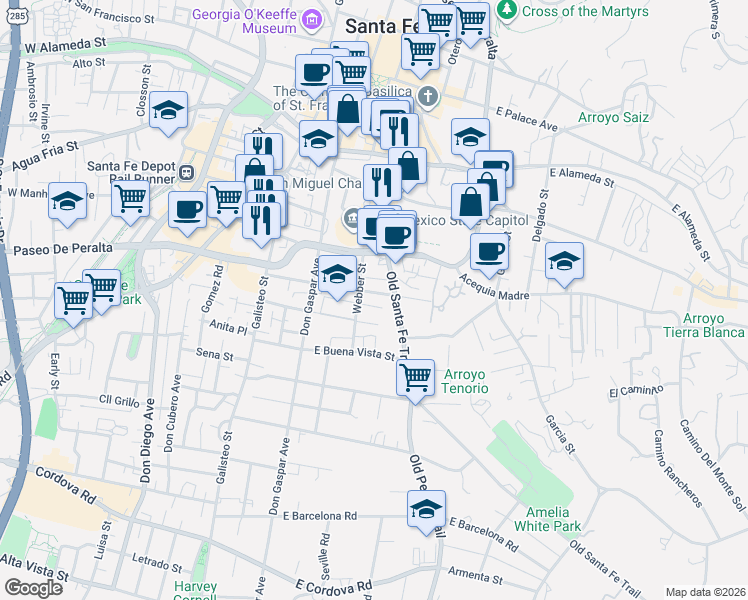 map of restaurants, bars, coffee shops, grocery stores, and more near 203 East Santa Fe Avenue in Santa Fe