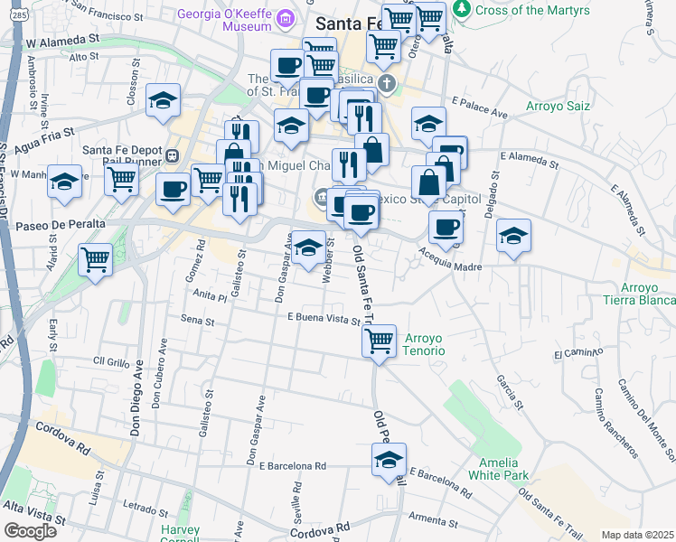 map of restaurants, bars, coffee shops, grocery stores, and more near 203 East Santa Fe Avenue in Santa Fe