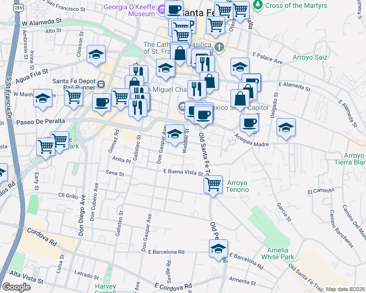 map of restaurants, bars, coffee shops, grocery stores, and more near 203 East Santa Fe Avenue in Santa Fe