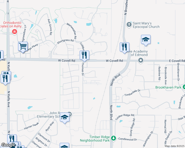 map of restaurants, bars, coffee shops, grocery stores, and more near 2700 Thomas Drive in Edmond