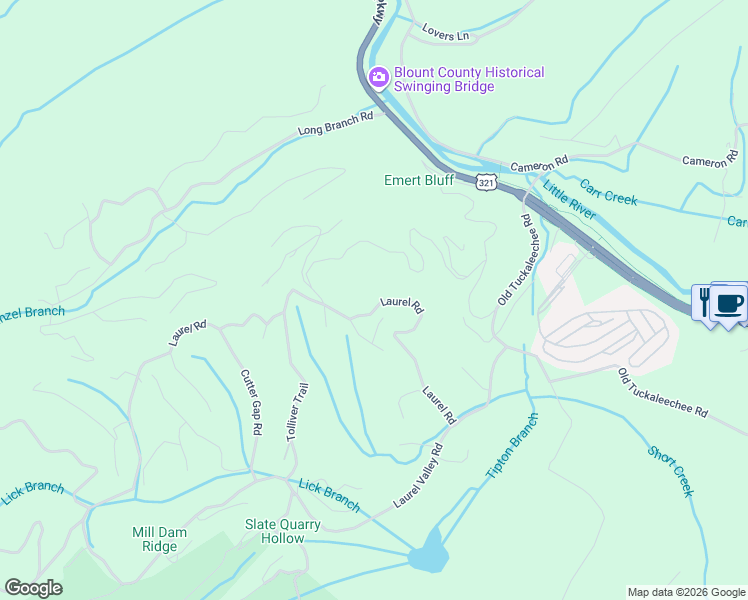 map of restaurants, bars, coffee shops, grocery stores, and more near 1040 Laurel Road in Townsend