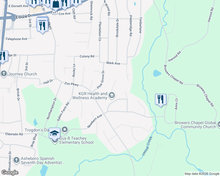 map of restaurants, bars, coffee shops, grocery stores, and more near 1807 Pine Grove Drive in Asheboro