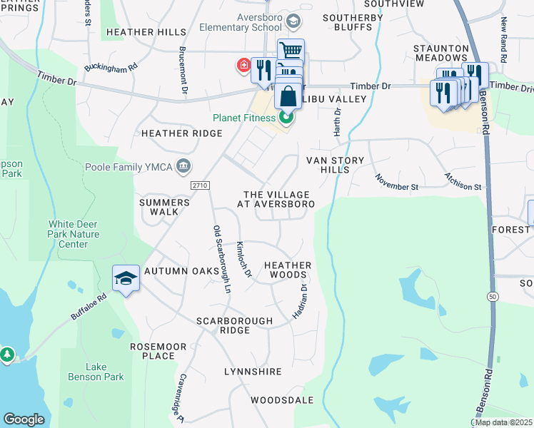 map of restaurants, bars, coffee shops, grocery stores, and more near 270 Shady Hollow Lane in Garner