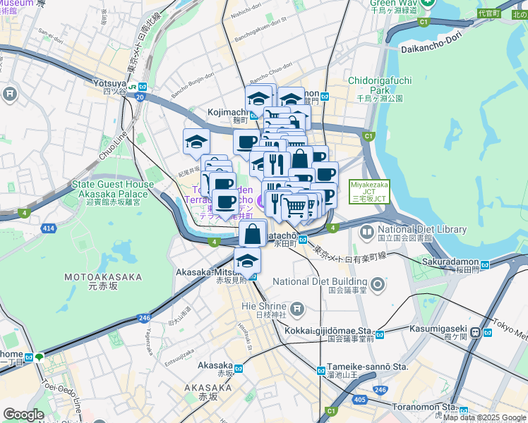 map of restaurants, bars, coffee shops, grocery stores, and more near in Chiyoda City