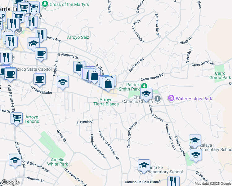 map of restaurants, bars, coffee shops, grocery stores, and more near 1001 East Alameda Street in Santa Fe