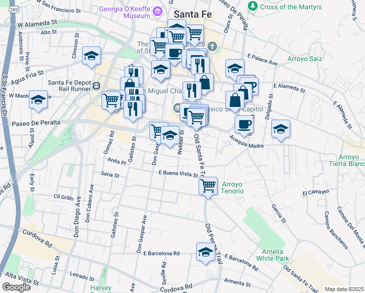 map of restaurants, bars, coffee shops, grocery stores, and more near 203 East Santa Fe Avenue in Santa Fe