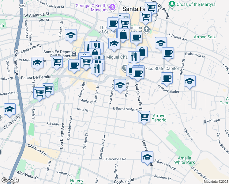 map of restaurants, bars, coffee shops, grocery stores, and more near 111 East Santa Fe Avenue in Santa Fe