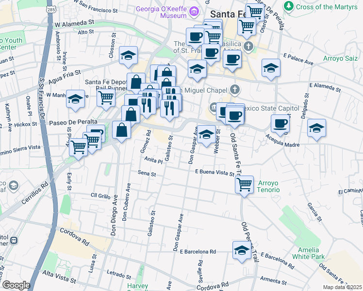 map of restaurants, bars, coffee shops, grocery stores, and more near 115 West Santa Fe Avenue in Santa Fe