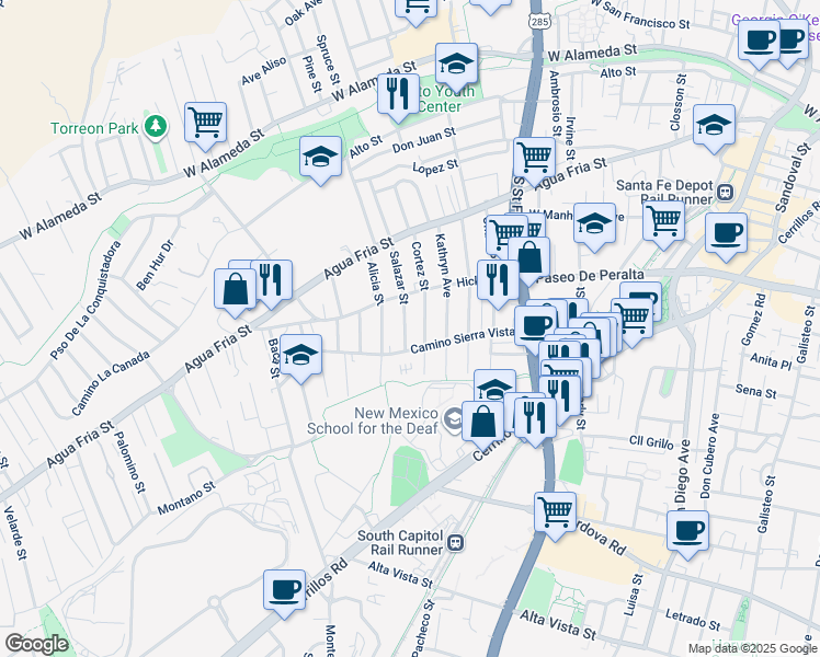 map of restaurants, bars, coffee shops, grocery stores, and more near 613 Cortez Street in Santa Fe