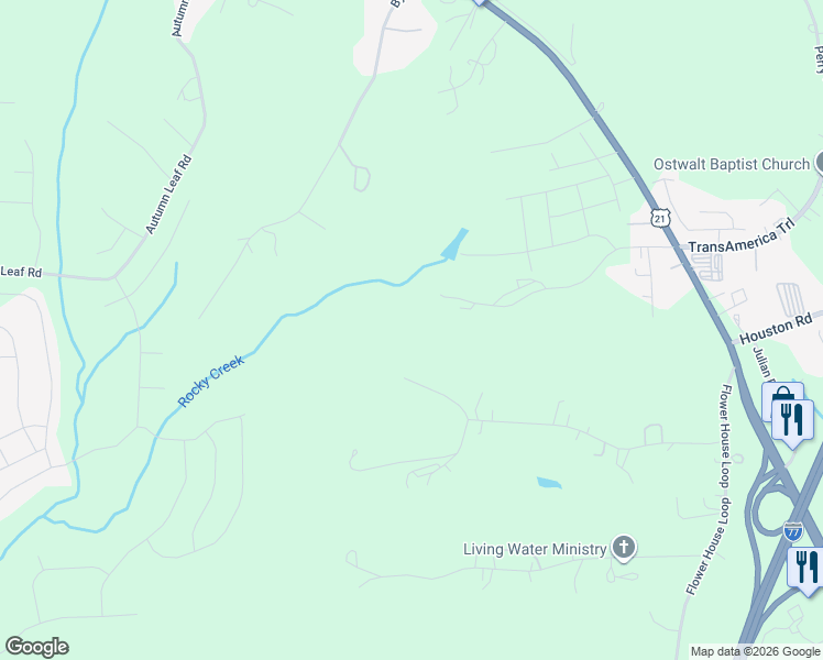 map of restaurants, bars, coffee shops, grocery stores, and more near 195 Barkdale Lane in Troutman