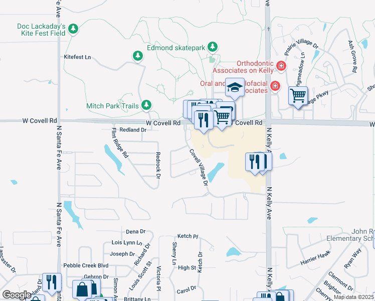 map of restaurants, bars, coffee shops, grocery stores, and more near 1409 Glenolde Place in Edmond