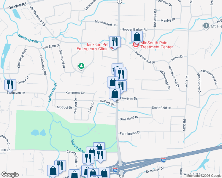 map of restaurants, bars, coffee shops, grocery stores, and more near 2677 North Highland Avenue in Jackson