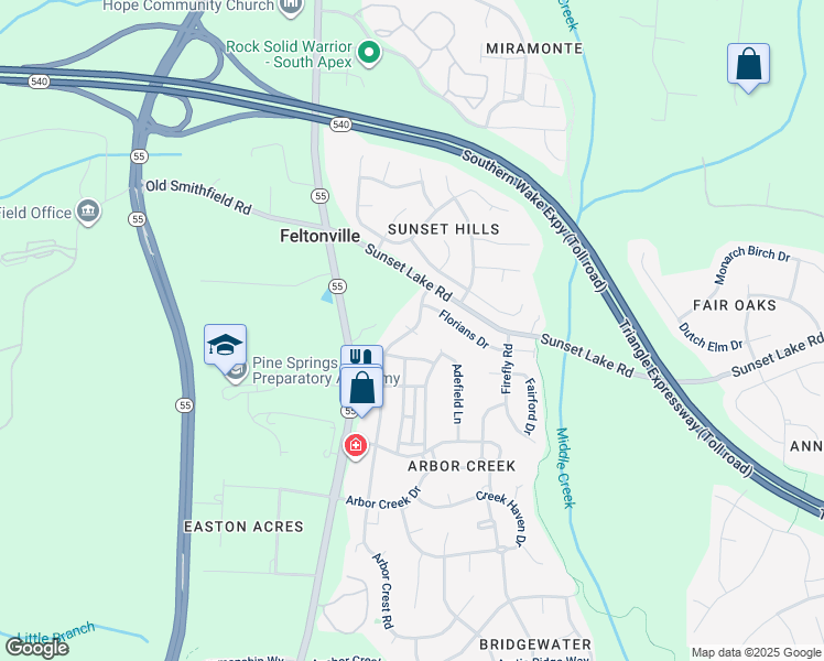 map of restaurants, bars, coffee shops, grocery stores, and more near Jasmine Rose Court in Holly Springs