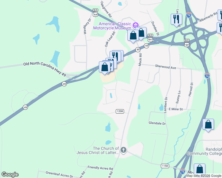 map of restaurants, bars, coffee shops, grocery stores, and more near 461 Oak Leaf Road in Asheboro