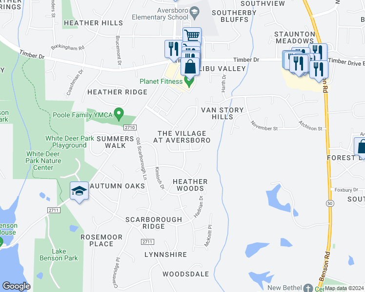 map of restaurants, bars, coffee shops, grocery stores, and more near 269 Shady Hollow Lane in Garner